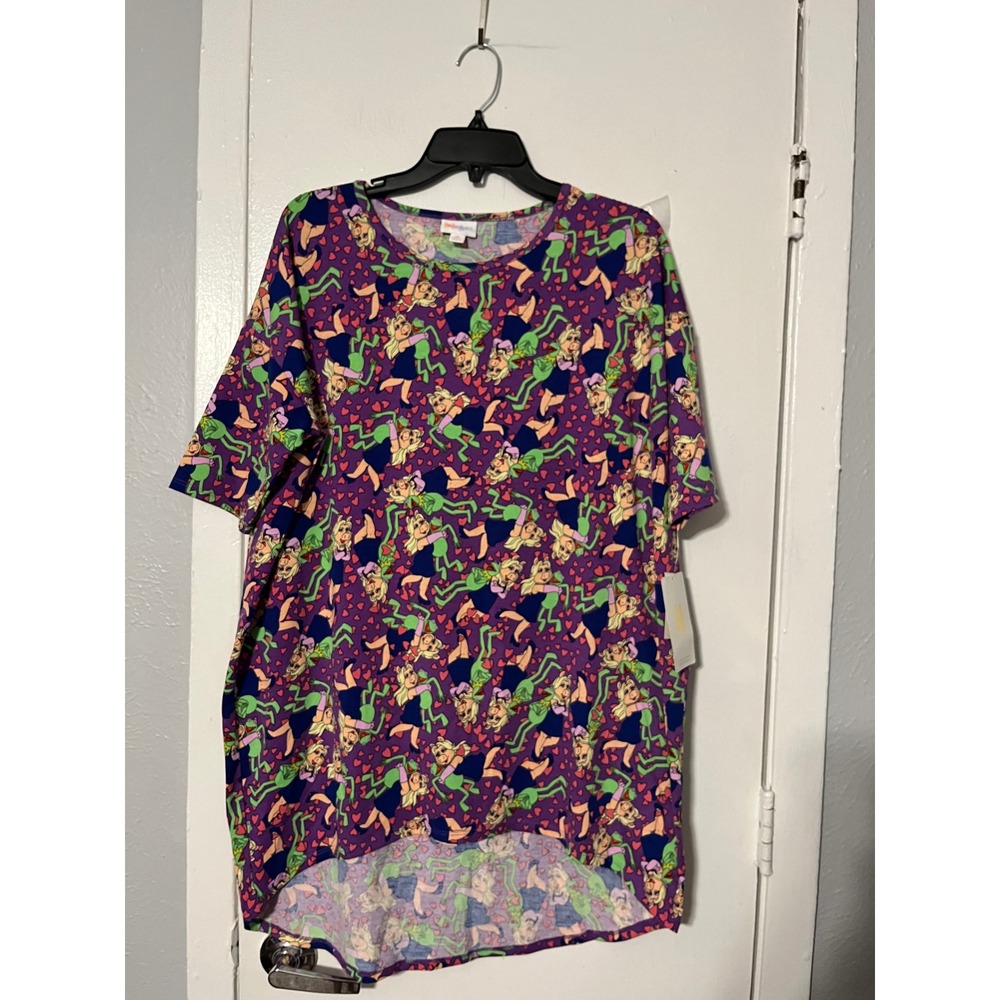 LuLaRoe Disney Irma Tunic Top Medium Purple Miss Piggy Kermit Muppets High Low